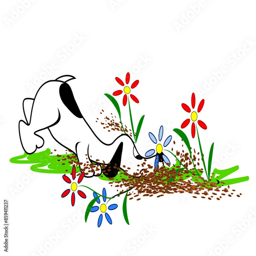 Dog digging in flower bed