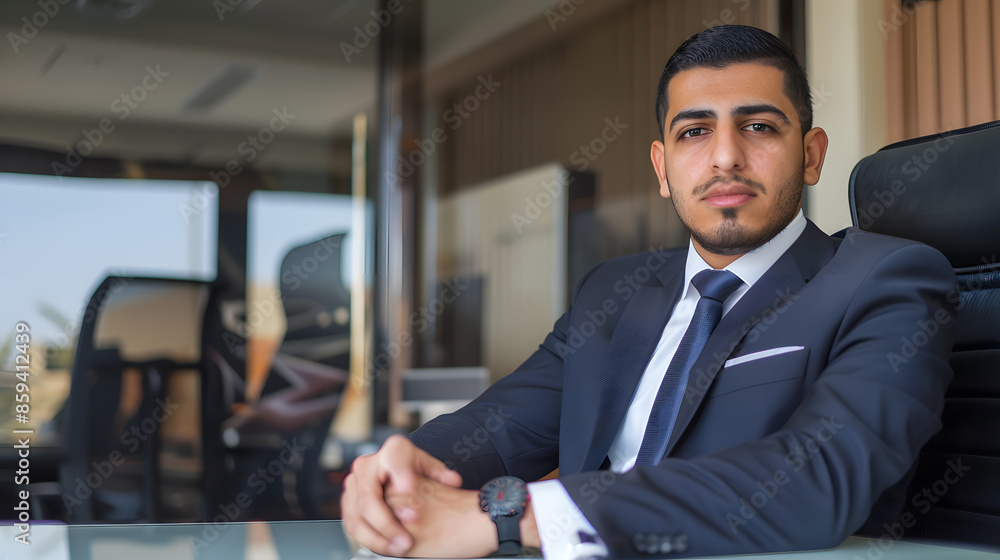 Fototapeta premium Portrait of Handsome Arab business man wearing Suit sitting in hair