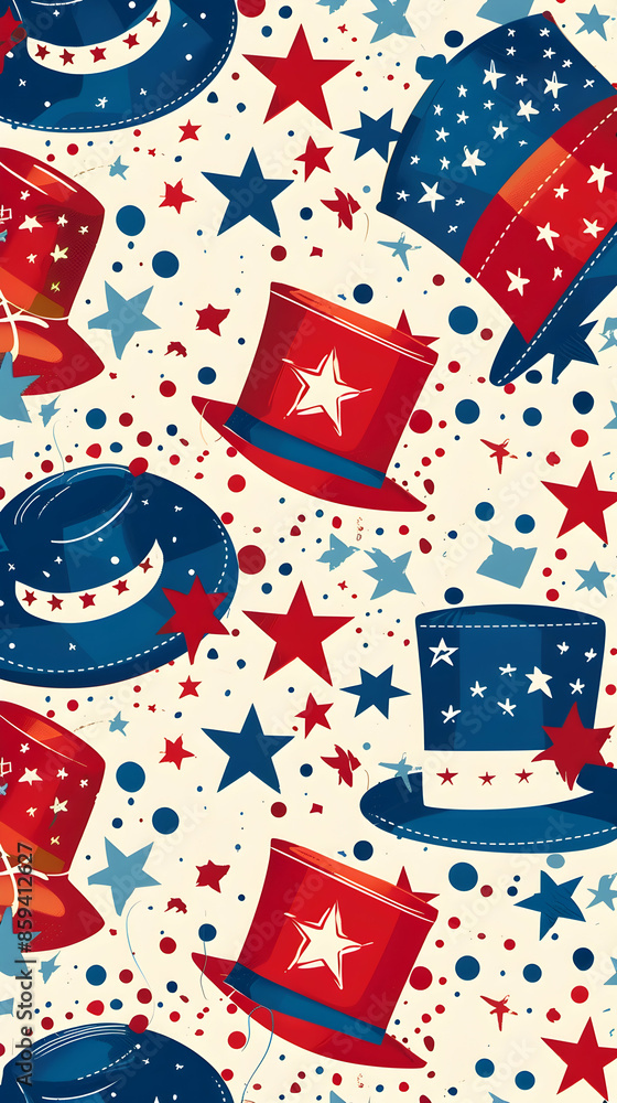 Festive American-themed pattern with red, white, and blue hats, stars, and polka dots. Perfect for celebrations and patriotic designs. Festive American-themed pattern with red, white, and blue hats, stars, and polka dots. Perfect for celebrations and patriotic designs.