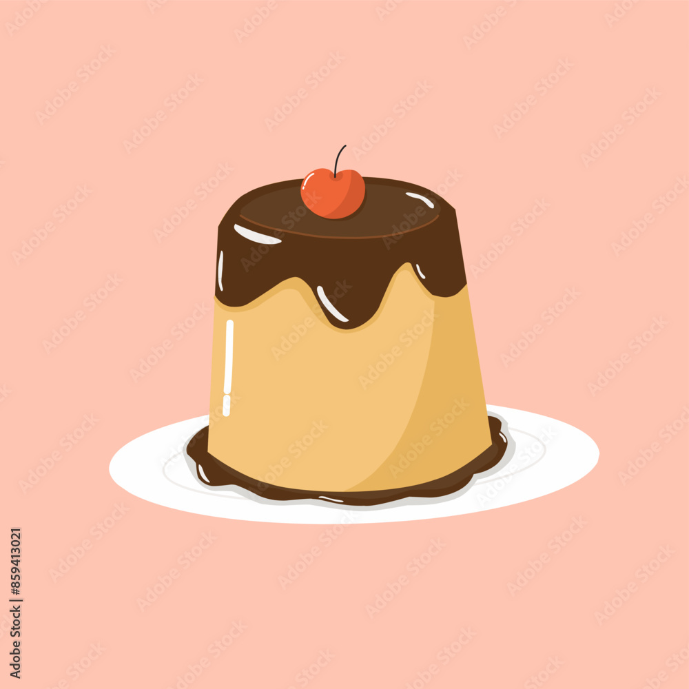 Caramel puddings on plate with Cherry on the top Caramel puddings on plate with Cherry on the top