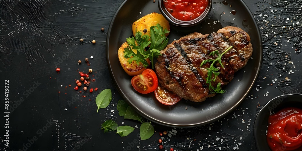 Topdown view of Argentinian milanesa on black background culinary art photography. Concept Food Photography, Culinary Art, Topdown View, Black Background, Argentinian Cuisine Topdown view of Argentinian milanesa on black background culinary art photography. Concept Food Photography, Culinary Art, Topdown View, Black Background, Argentinian Cuisine