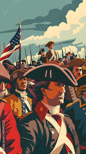 Illustration of historical soldiers in traditional uniforms with American flag, evoking revolutionary war and patriotic themes.