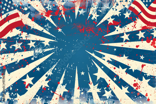Retro American flag background with starburst pattern, featuring red, white, and blue paint splatters. Perfect for patriotic events and design projects.