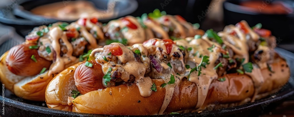 Delicious loaded hot dogs topped with savory toppings and drizzled with a creamy sauce, perfect for a summer barbecue meal. Delicious loaded hot dogs topped with savory toppings and drizzled with a creamy sauce, perfect for a summer barbecue meal.