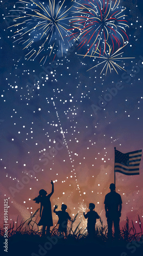 Silhouetted family watching colorful fireworks in the night sky, celebrating with an American flag on a clear starry evening.