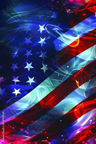 Vibrant abstract American flag with bright swirling colors, representing patriotism and freedom in an artistic style.
