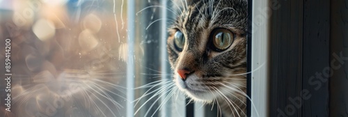 A closeup photo of a tabby cat looking out of a window on a sunny day. The cats eyes are wide open and its whiskers are twitching photo