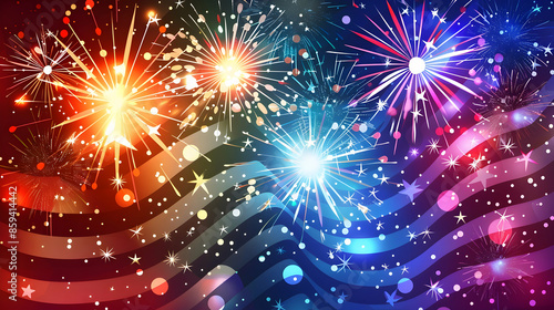Vibrant fireworks display with a stylized flag background, perfect for celebrations and patriotic events.