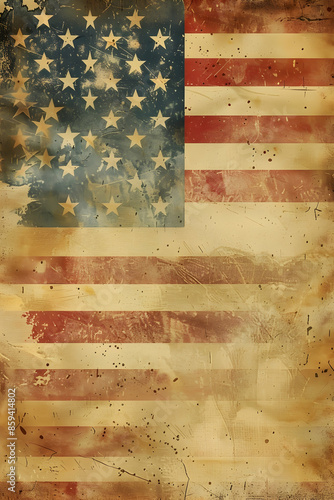 Vintage American flag with 50 stars and 13 stripes, showing signs of distress and aged textures, symbolizing historical and patriotic themes.