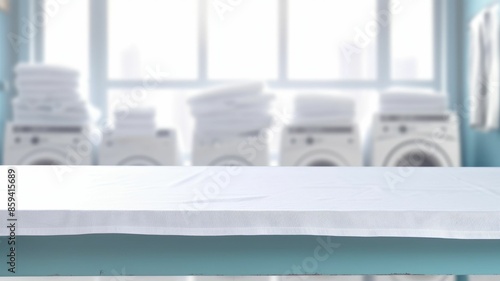 A white table with a white clean tablecloth in a laundry room with table cloth and blurring background. Interior mockup with copy space for design and advertisement. Equipment. Copy space. AIG35.