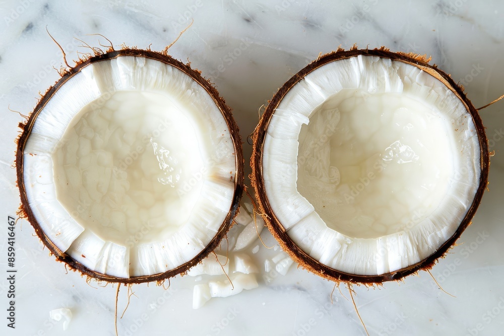 Close-up of two halved coconuts on a marble surface with fresh coconut water and white flesh visible. Close-up of two halved coconuts on a marble surface with fresh coconut water and white flesh visible.