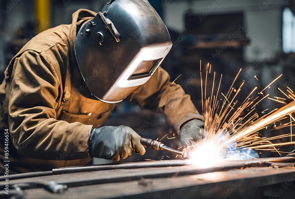 Worker Wearing Full Protective Gear While Welding Metal in a Workshop Worker Wearing Full Protective Gear While Welding Metal in a Workshop