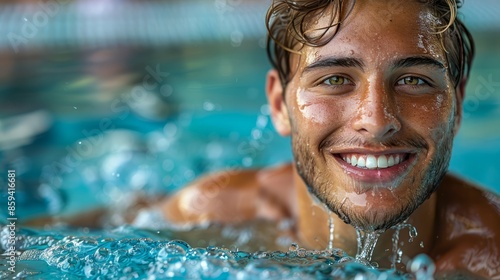 A swimmer emerging from the pool with a big smile after winning a race, isolated on a white background.