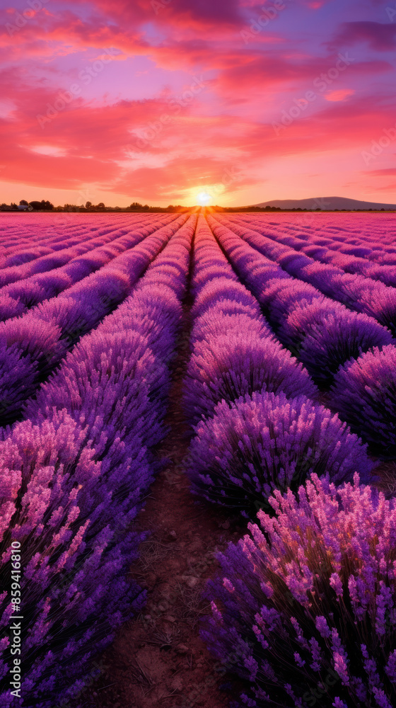 Fototapeta premium Extensive lavender field in bloom with purple tones and a clear blue sky