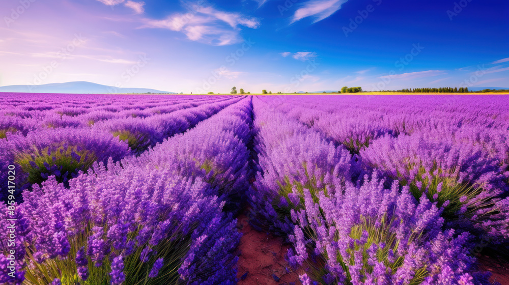 Fototapeta premium Extensive lavender field in bloom with purple tones and a clear blue sky