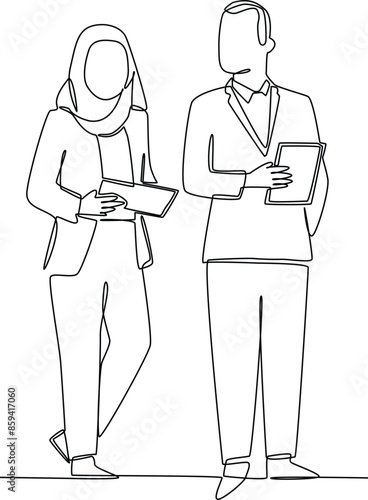 One continuous line drawing of The boss checks the results of a project carried out by his subordinates. Business training concept. Trendy single line draw
