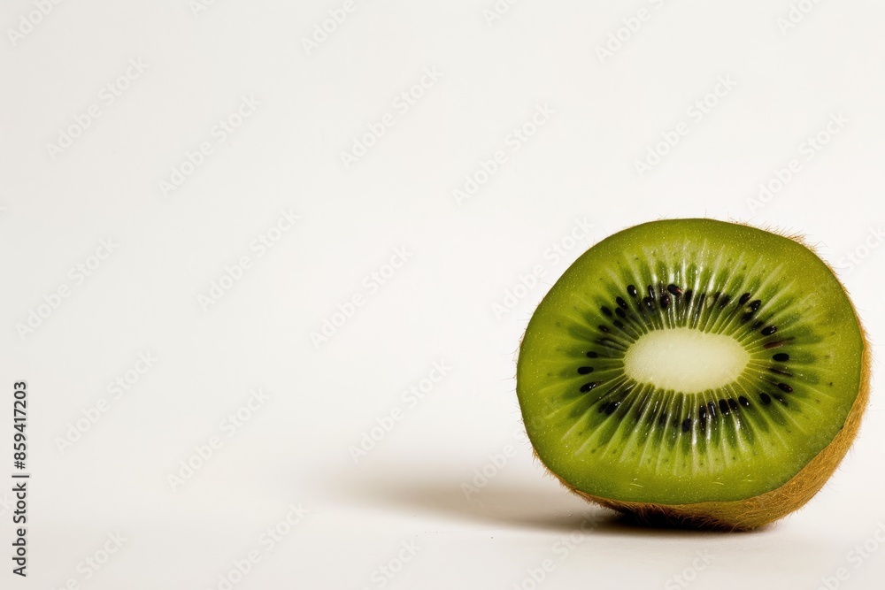 Close-up of a fresh kiwi fruit sliced in half on a plain white background. Close-up of a fresh kiwi fruit sliced in half on a plain white background.