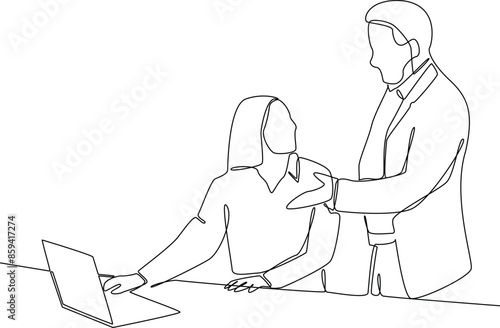 One continuous line drawing of young staff is discussing with his boss. Business training concept. Trendy single line draw