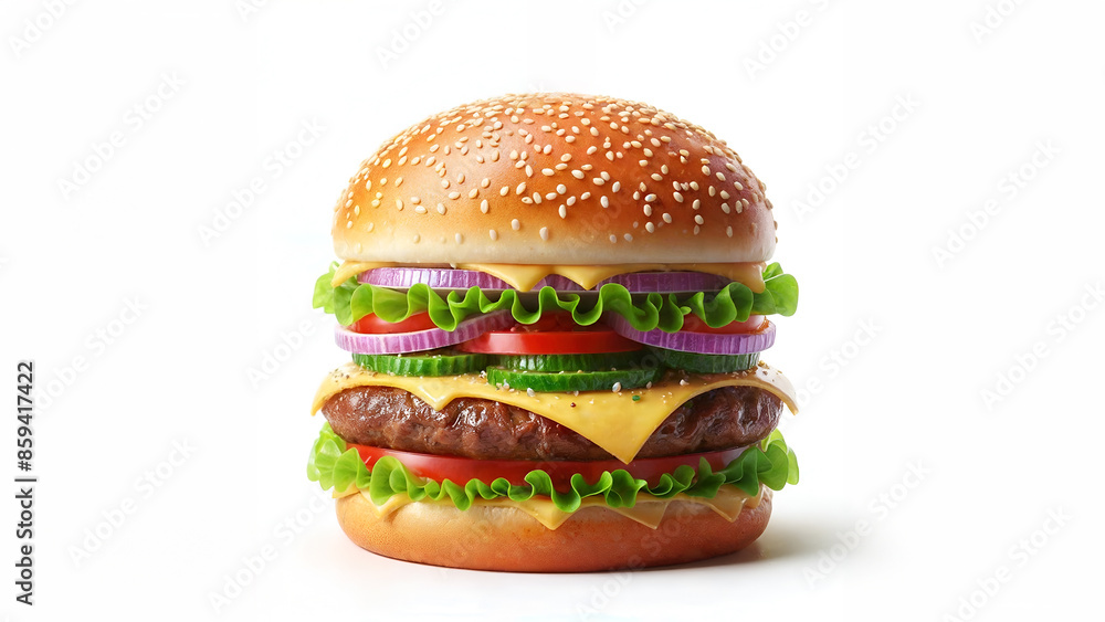 A hamburger containing meat, tomato, lettuce, onion, smoked meat, sausage, salami and large chicken. Delicious fast food. A hamburger containing meat, tomato, lettuce, onion, smoked meat, sausage, salami and large chicken. Delicious fast food.