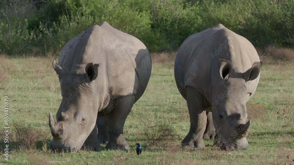 2 Rhinos Close Up Grazing Grass Facing Towards Camera 2 Rhinos Close Up Grazing Grass Facing Towards Camera