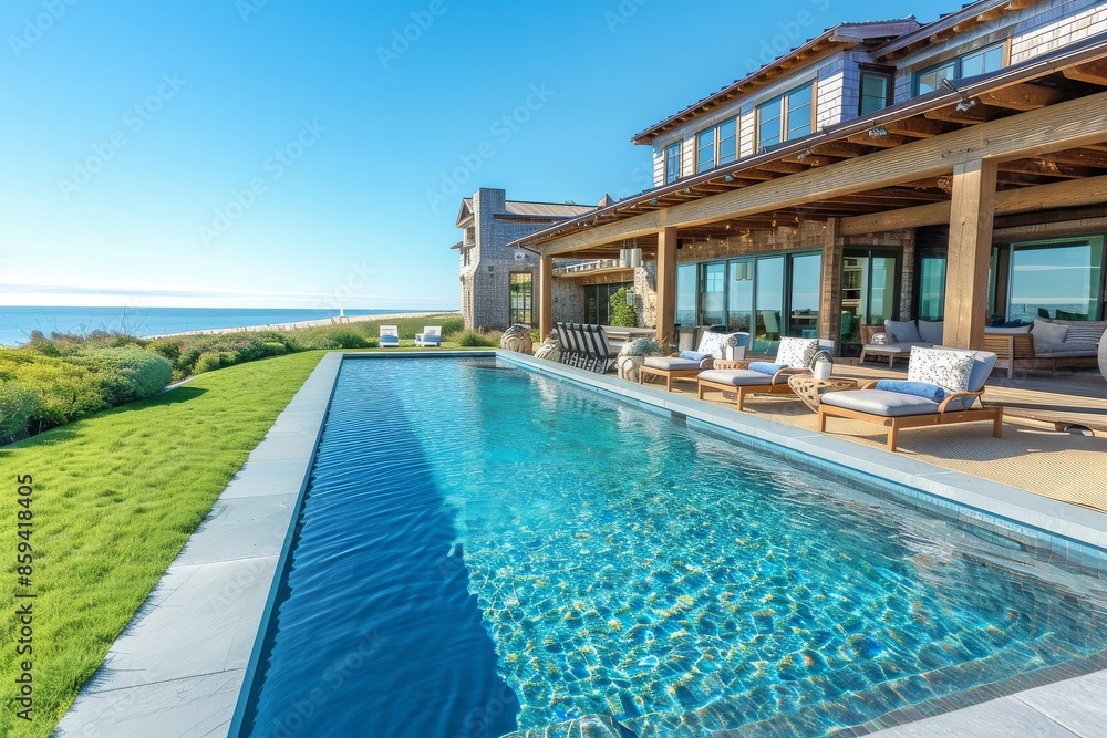 Fototapeta premium Nantucket-Inspired Outdoor Pool and Lounge Area with Blue Sky and Ocean View, Surrounded by Green Hedges and Blooming Purple Flowers