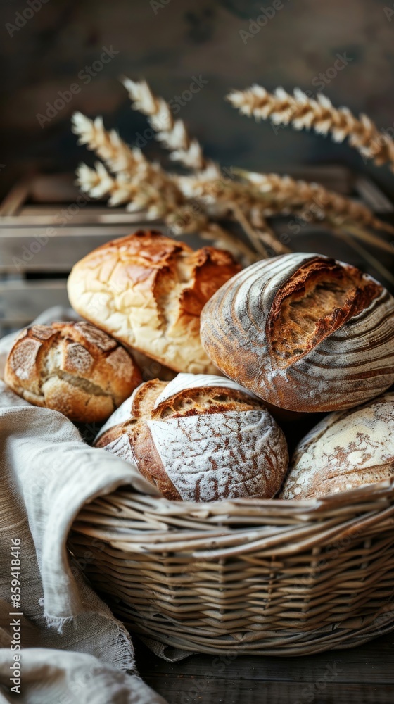 Basket of assorted artisan breads with wheat stalks in the background, rustic bakery concept Basket of assorted artisan breads with wheat stalks in the background, rustic bakery concept