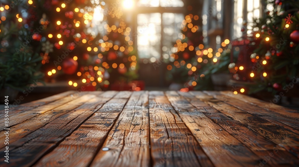 Rustic Wooden Table with Festive Christmas Lights and Decorated Trees in Cozy Sunlit Room with Holiday Atmosphere and Warm AmbienceChristmas Rustic Wooden Table with Festive Christmas Lights and Decorated Trees in Cozy Sunlit Room with Holiday Atmosphere and Warm AmbienceChristmas