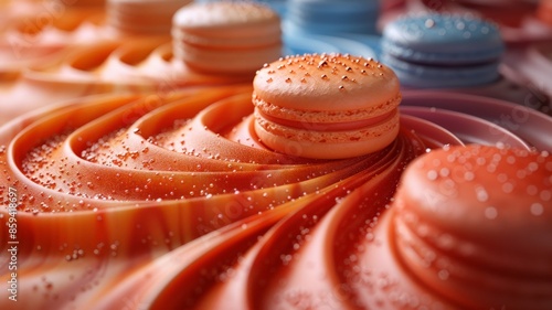 Assorted colorful macarons displayed on a swirl-patterned background with vibrant shades of orange and blue, topped with sprinkles, in close-upmacarons photo