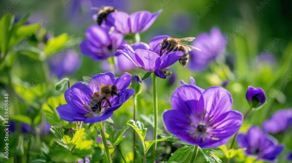 Purple flowers with bees in a meadow, close-up. Nature and pollination concept Purple flowers with bees in a meadow, close-up. Nature and pollination concept