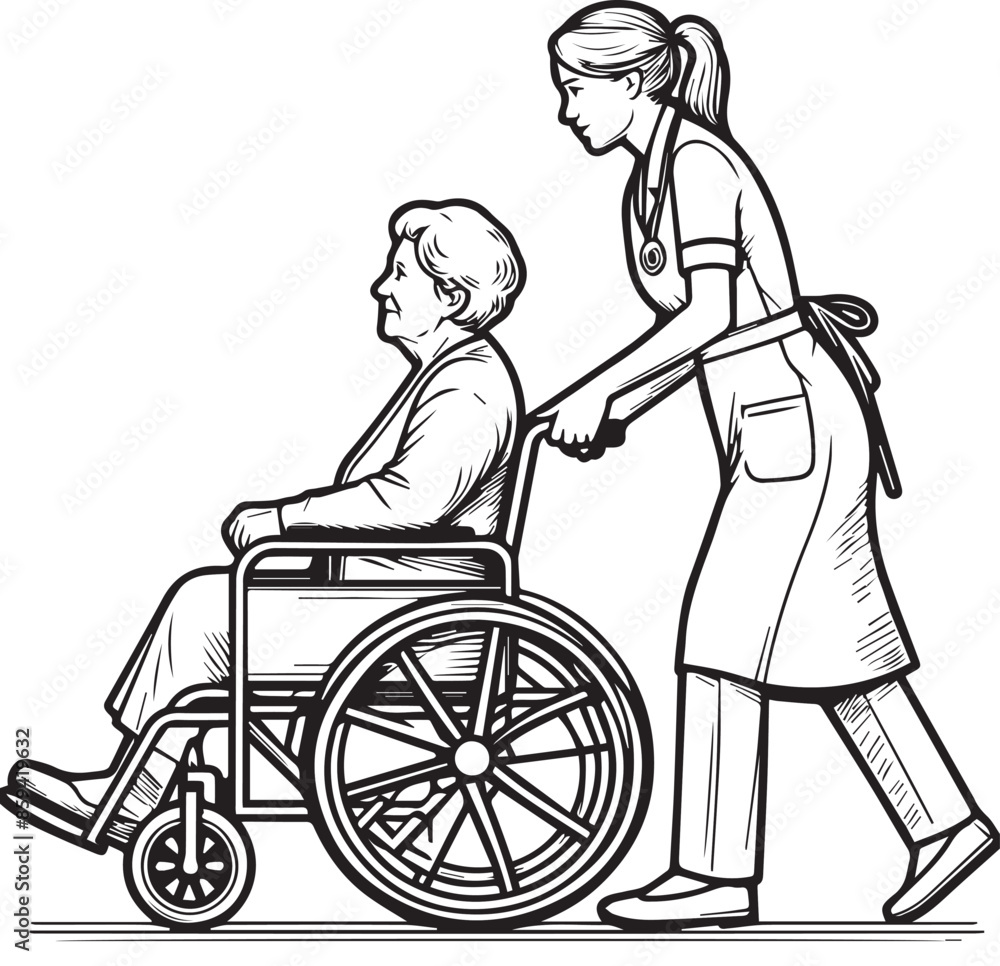 illustration of nurse help old woman on wheel chair illustration of nurse help old woman on wheel chair