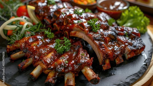 Close-up of deliciously glazed, tender barbecue ribs served with fresh vegetables, perfect for any meal or barbecue event.