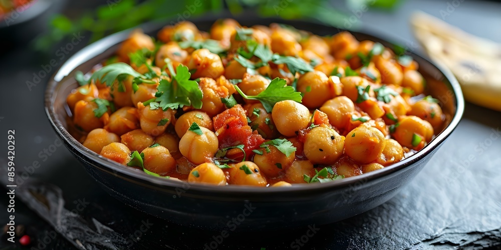 Closeup photo of spicy Indian chickpea curry in black slate bowl. Concept Food Photography, Indian Cuisine, Close-up Shots, Curry Dish, Slate Bowl Closeup photo of spicy Indian chickpea curry in black slate bowl. Concept Food Photography, Indian Cuisine, Close-up Shots, Curry Dish, Slate Bowl