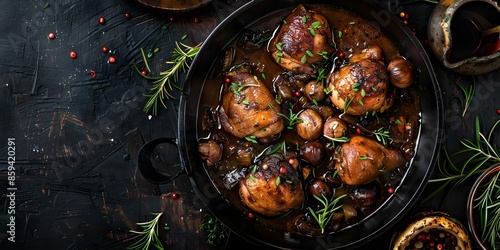 French dish coq au vin chicken braised in red wine. Concept French dish, Coq au Vin, Chicken recipe, Red wine braised, Traditional cuisine