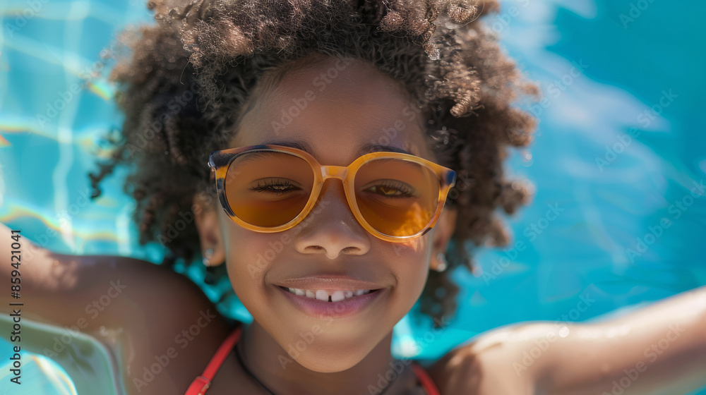 A boy swims in a blue pool on a hot summer day. Children's summer holiday concept, entertainment A boy swims in a blue pool on a hot summer day. Children's summer holiday concept, entertainment