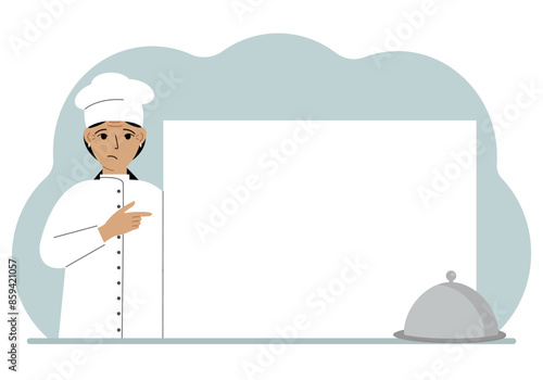 A female cook in uniform and a cap holds a large sheet of paper. Concept for menu, recipe book, blank cookbook or records.