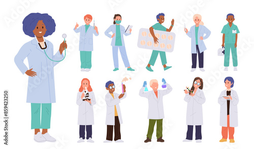 Children scientists and doctors professional cartoon characters big set isolated on white background