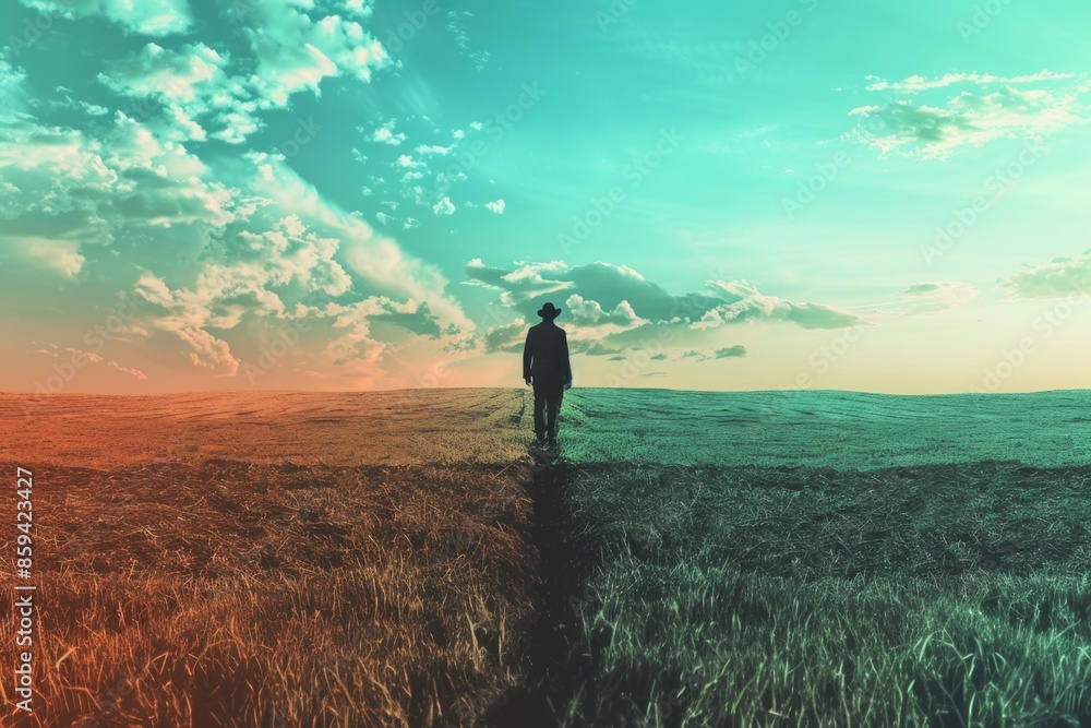 Fototapeta premium A person standing in a field with a blue sky background, suitable for general use