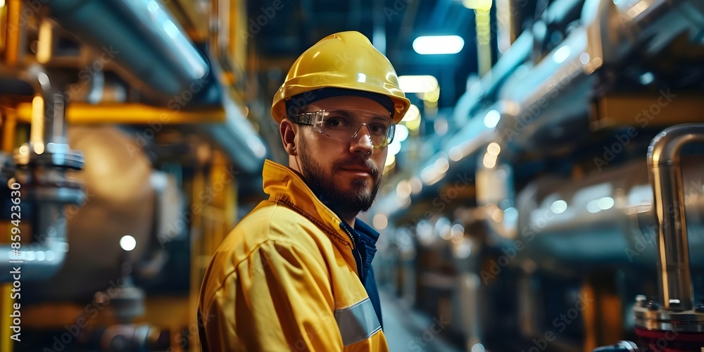Oil refinery worker near industrial pipes in a manufacturing facility. Concept Industrial Workers, Oil Refinery, Manufacturing Facility, Industrial Pipes, Work Environment Oil refinery worker near industrial pipes in a manufacturing facility. Concept Industrial Workers, Oil Refinery, Manufacturing Facility, Industrial Pipes, Work Environment
