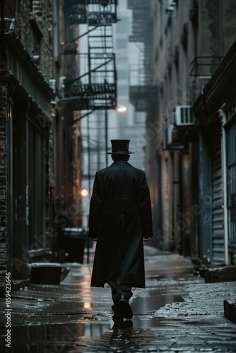 A person in formal attire walks on a rainy street, providing an atmospheric setting