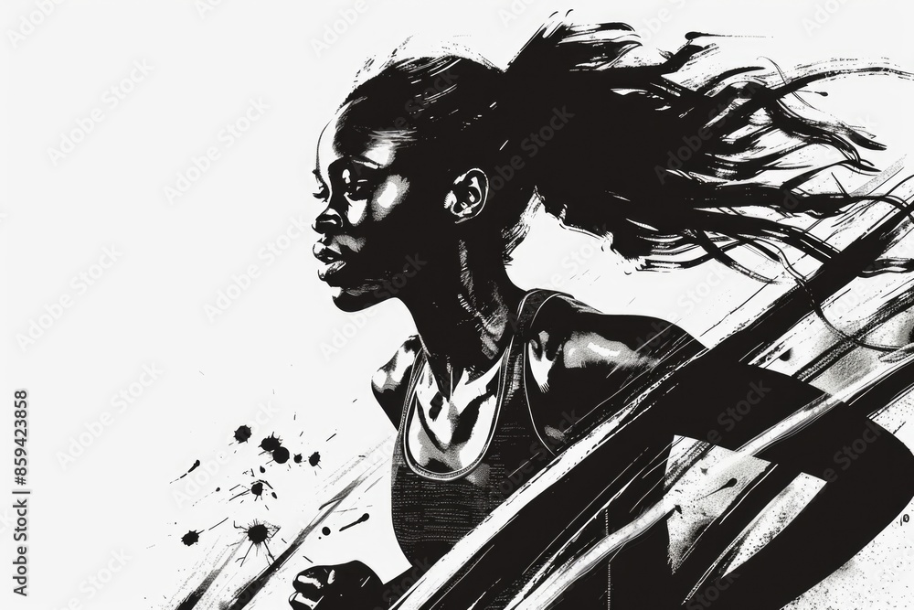 A woman holding a tennis racquet in a black and white drawing A woman holding a tennis racquet in a black and white drawing