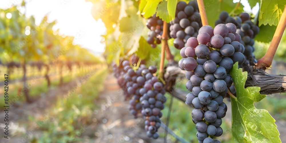 Fototapeta premium Sunny day in a lush vineyard with ripe grape bunches. Concept Vineyard Photoshoot, Sunny Setting, Grape Bunches, Nature Backdrop, Fruit Harvest