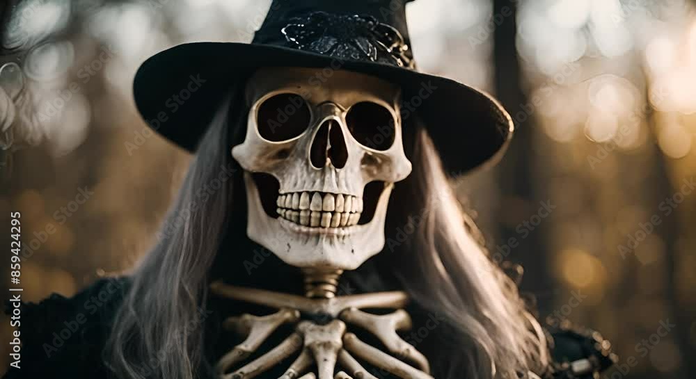 In a spooky forest, a skeleton in a witch hat and sunglasses exudes trendy halloween vibes at sunset, perfect for themed parties In a spooky forest, a skeleton in a witch hat and sunglasses exudes trendy halloween vibes at sunset, perfect for themed parties
