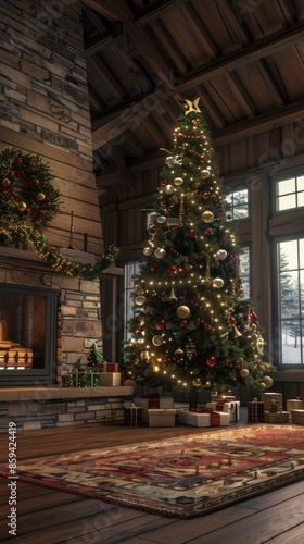 Wallpaper Mural Christmas tree in cozy wooden cabin with fireplace, winter holiday ambiance Torontodigital.ca