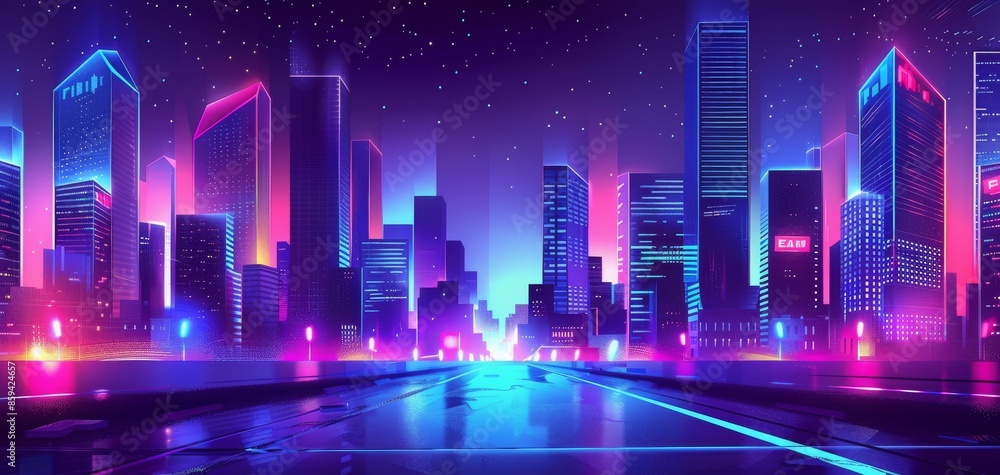A cityscape with neon lights and a glowing sky A cityscape with neon lights and a glowing sky