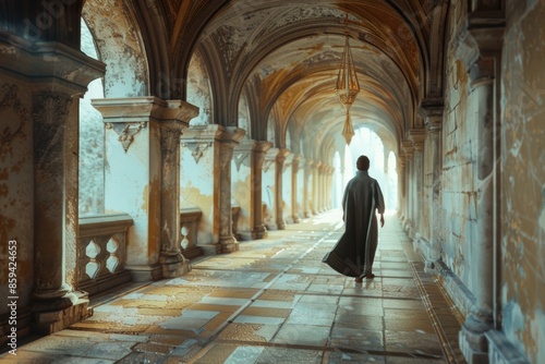 A person dressed in a long black robe is walking down a dark and empty hallway © Ева Поликарпова