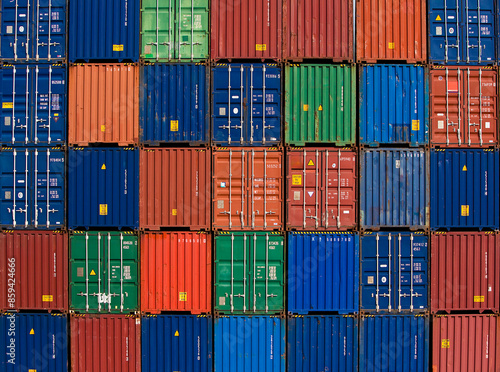 Colorful stacked shipping containers illustrating global trade, logistics, and transportation in a port or storage area.