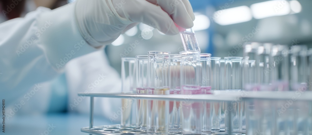 Laboratory scene with a person filling test tubes, tray of clear and colored liquids, focused and careful work, advanced scientific equipment visible Laboratory scene with a person filling test tubes, tray of clear and colored liquids, focused and careful work, advanced scientific equipment visible