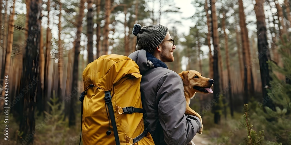 Young man and his dog happily exploring the forest on a trip. Concept Exploring the Forest, Nature Adventure, Man's Best Friend, Outdoor Activities, Weekend Getaway Young man and his dog happily exploring the forest on a trip. Concept Exploring the Forest, Nature Adventure, Man's Best Friend, Outdoor Activities, Weekend Getaway