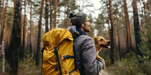 Wallpaper Mural Young man and his dog happily exploring the forest on a trip. Concept Exploring the Forest, Nature Adventure, Man's Best Friend, Outdoor Activities, Weekend Getaway Torontodigital.ca