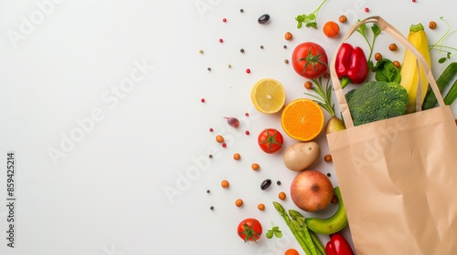 Overhead shot of a paper bag filled with healthy fruits and vegetables, scattered across a white surface, ample space for text at the top, fresh and vibrant colors